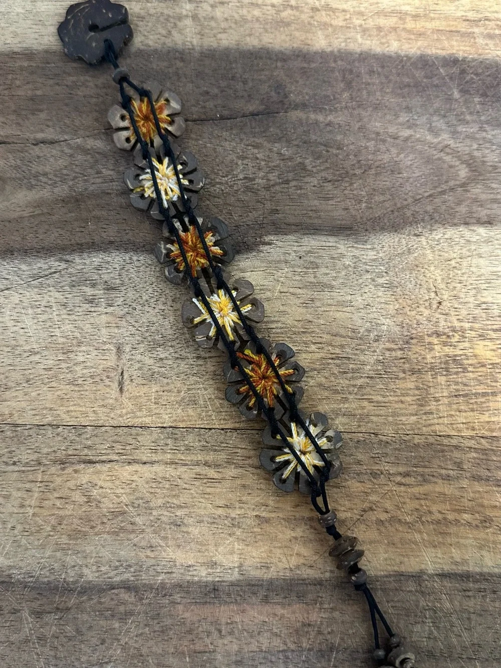 Handmade Floral Leather Bracelet in Brown with Yellow & Cream Embroidery